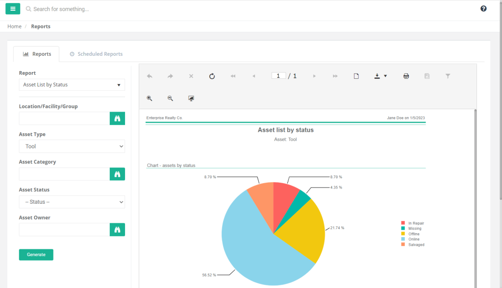 Asset status report in WorkTrek