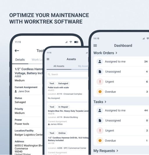 Three screens of WorkTrek - app for work order management
