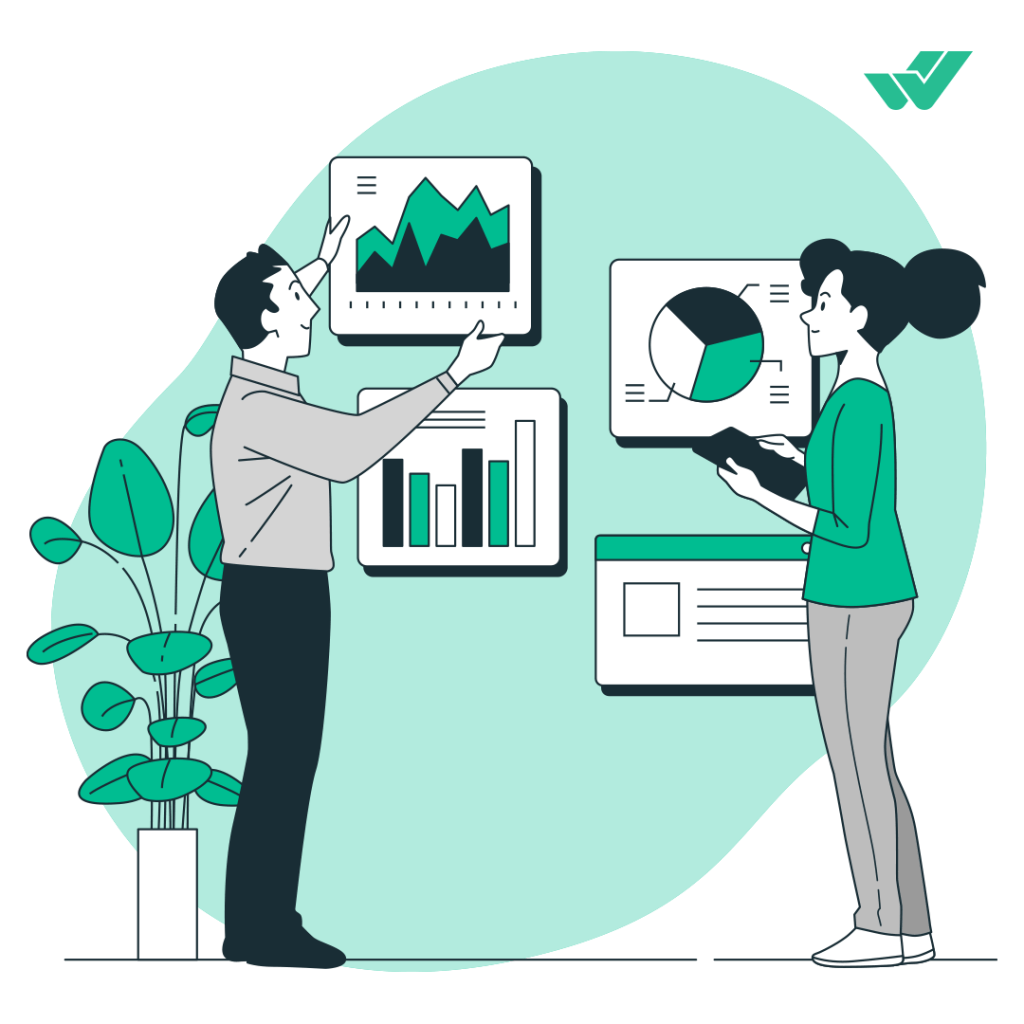 Illustration of a man and a woman analysing charts