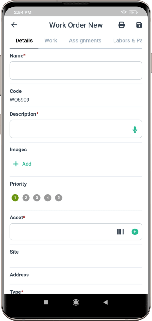 WorkTrek screenshot showing flow for adding new work order