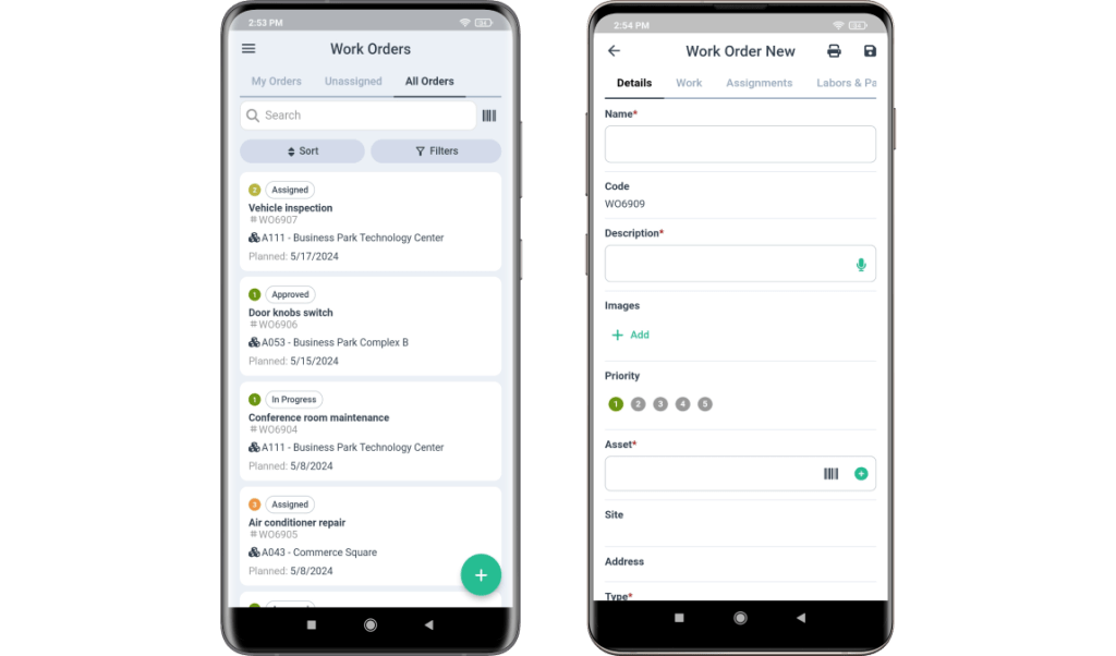 Work orders screens in WorkTrek mobile app