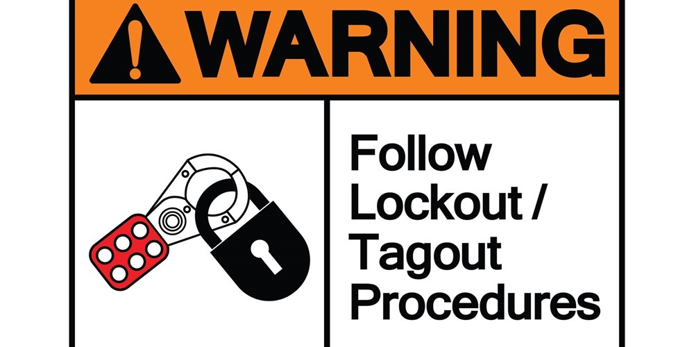 Warning sign to follow lockout/tagout procedures. 