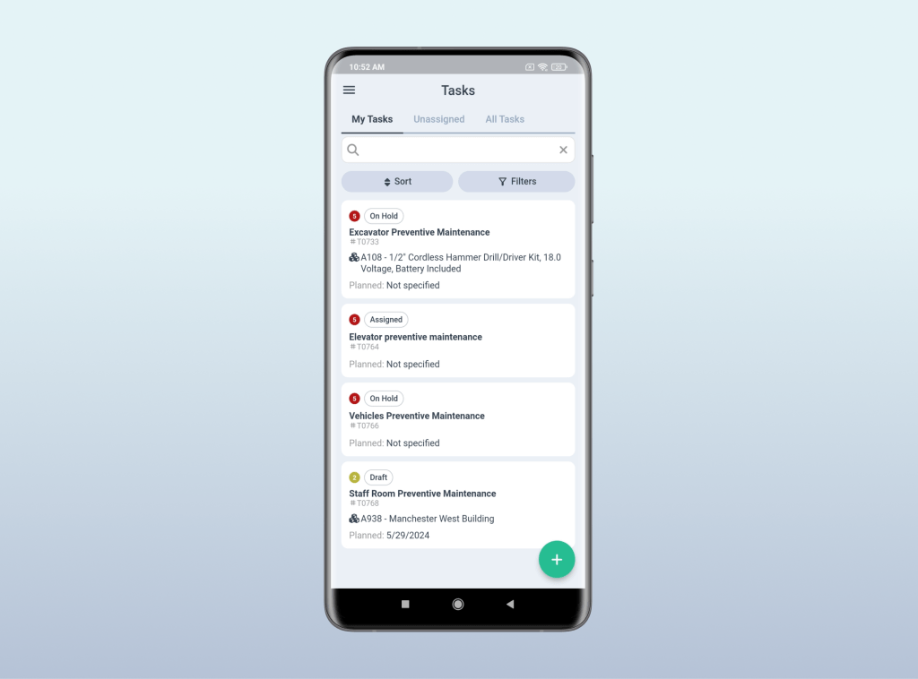 Tasks screen in WorkTrek mobile app