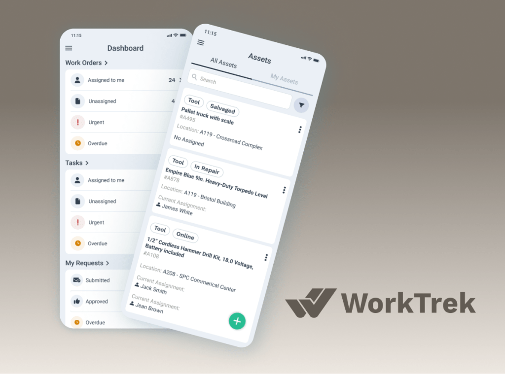 Dasshboard and assets screen in WorkTrek app