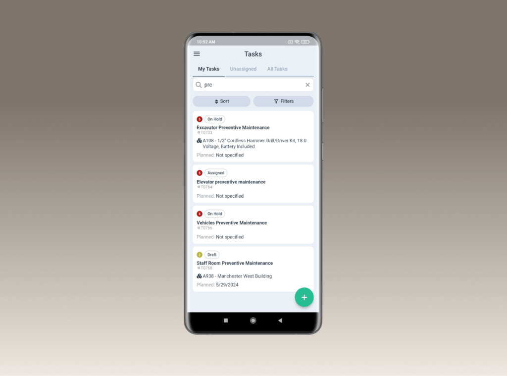 Tasks screen in WorkTrek mobile app