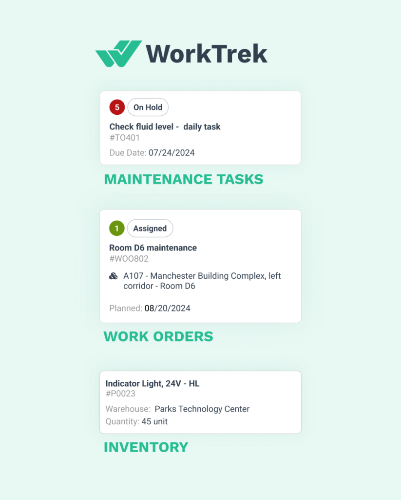 Screenshot of taks, work order and supplies cards in WorkTrek mobile app