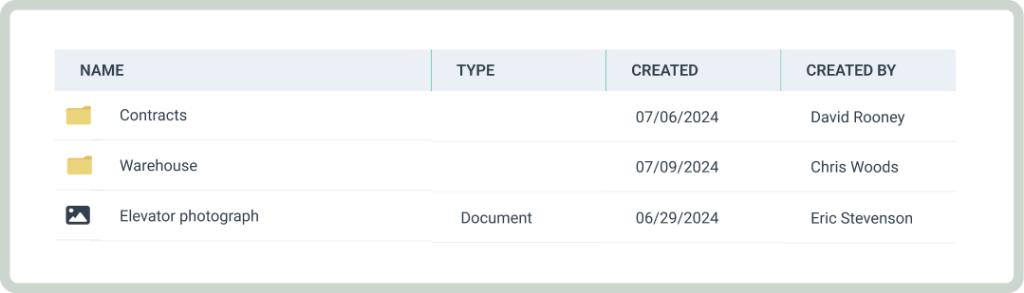 Screenshot of document table in WorkTrek web app