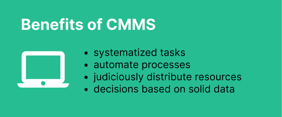 Simple illustration of a laptop and short notes explaining benefits of CMMS