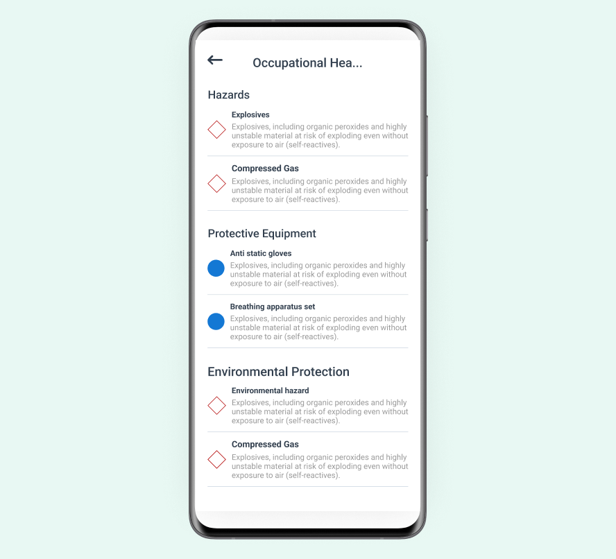Occupational health and safety screen of WorkTrek mobile app