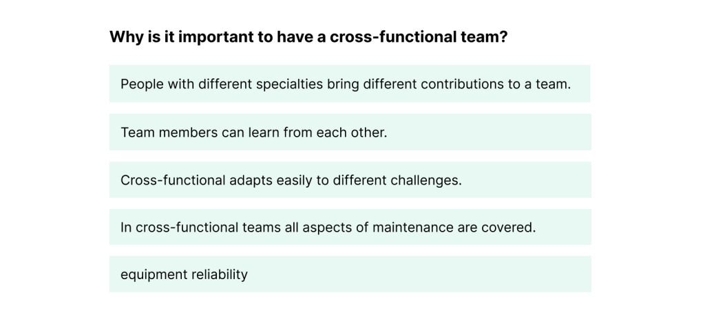 Question "Why is it important to have a cross-functional team?" and a chart providing 5 answers. 