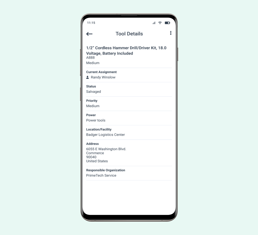 Tool details screen of WorkTrek mobile app