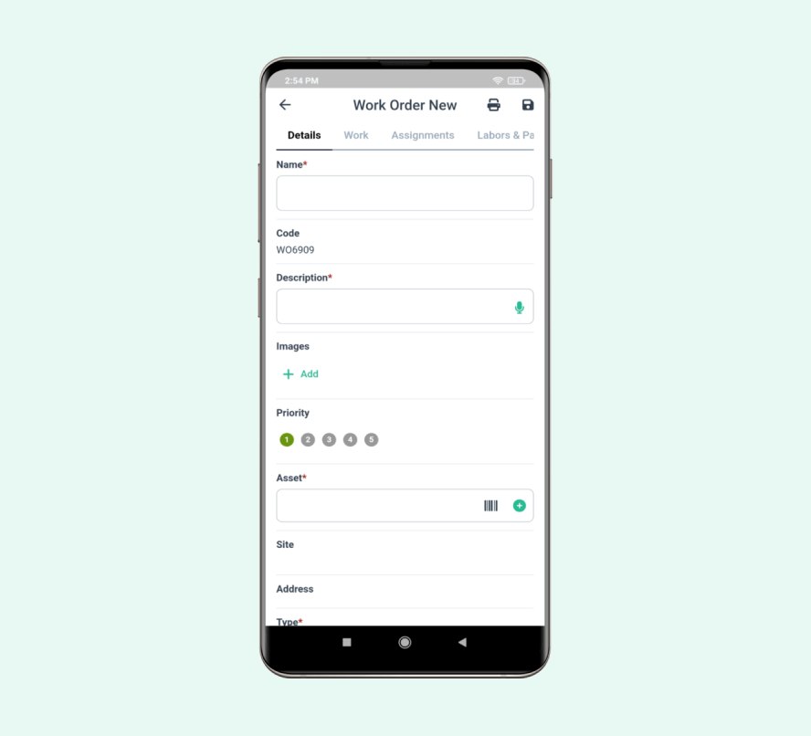 Screen for adding a new order in WorkTrek mobile app