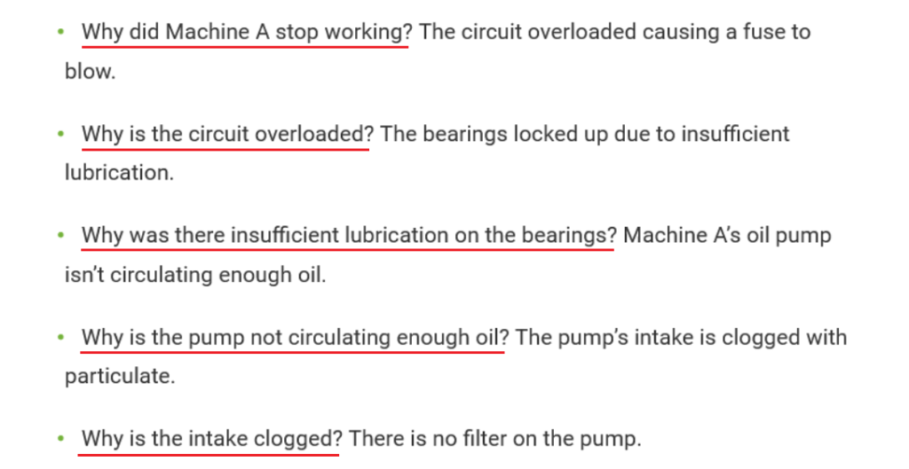 asking why whys for a root cause analysis in equipment maintenance, and example