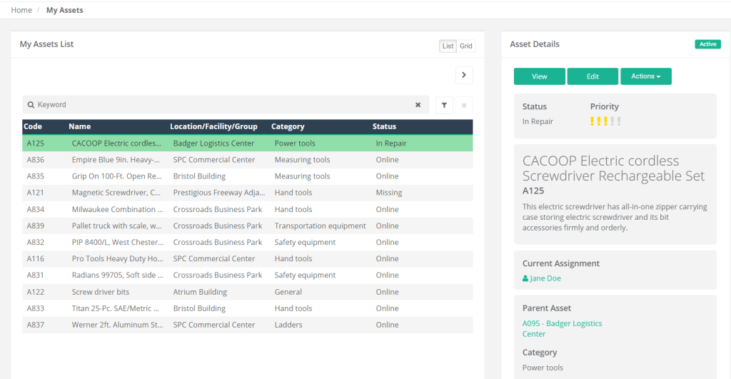 WorkTrek assets inventory