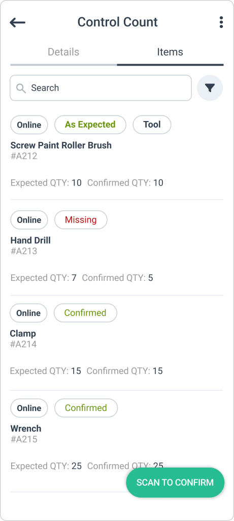 Control Count screen in WorkTrek mobile app