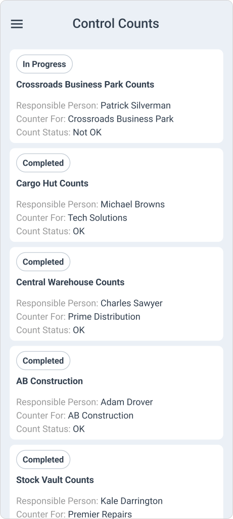 Control Count List screen in WorkTrek mobile app