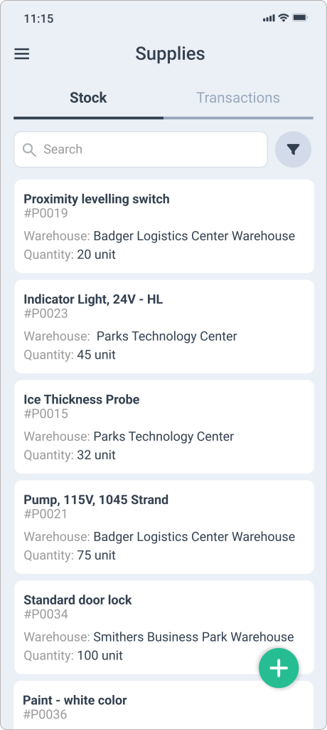 Supplies screen in WorkTrek mobile app