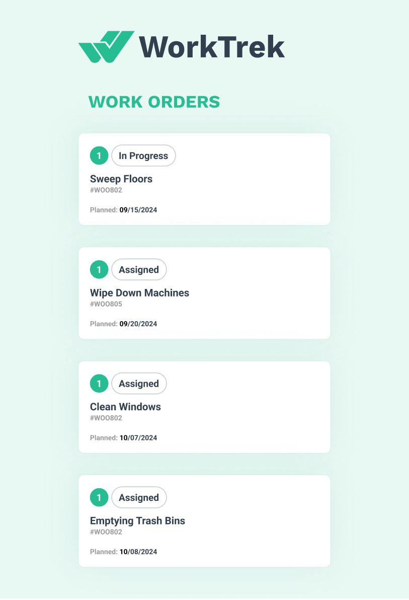 Examples of Work Orders related to keeping workspace clean