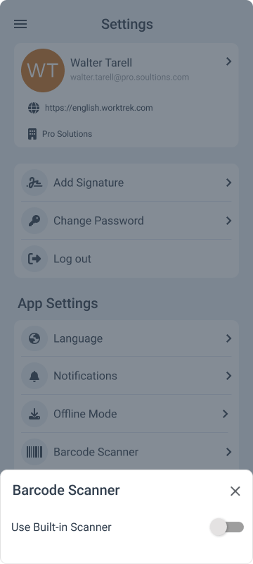Barcode scanner in WorkTrek mobile app