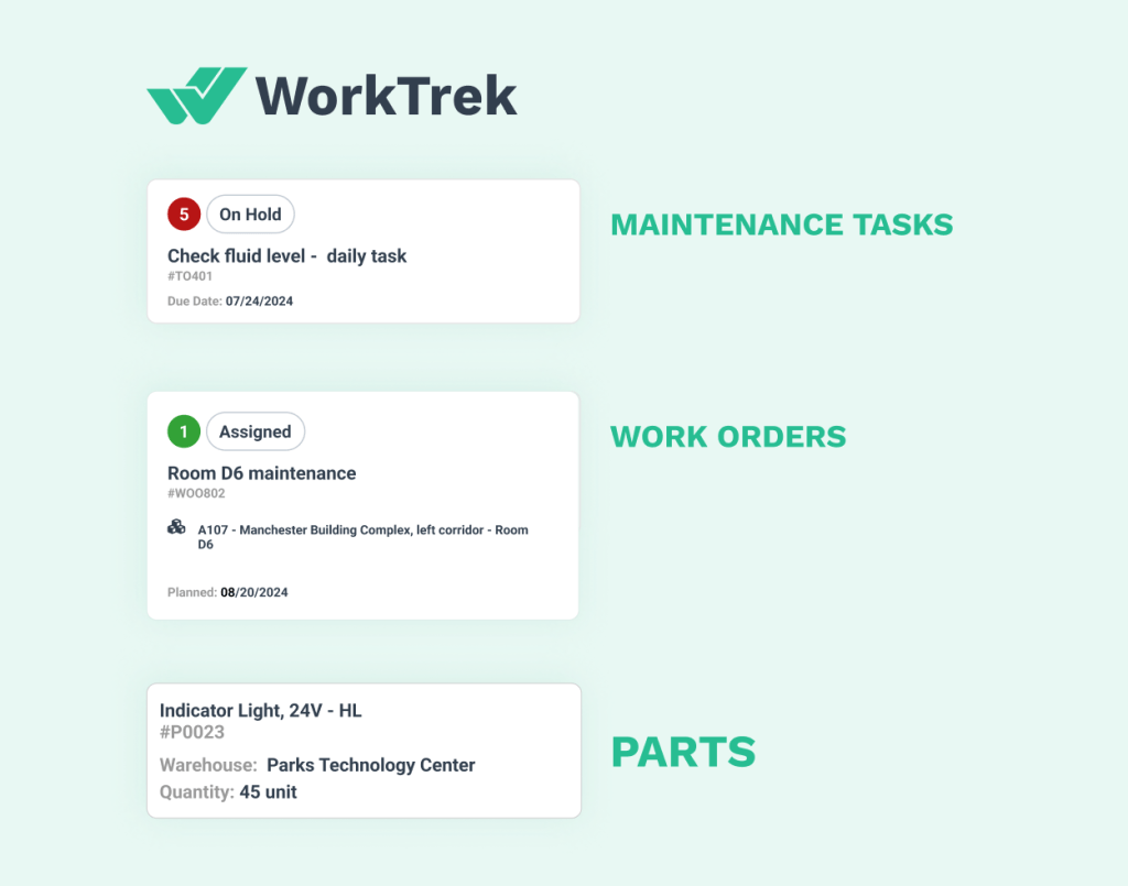 Task, Work Order and Part cards in WorkTrek mobile app