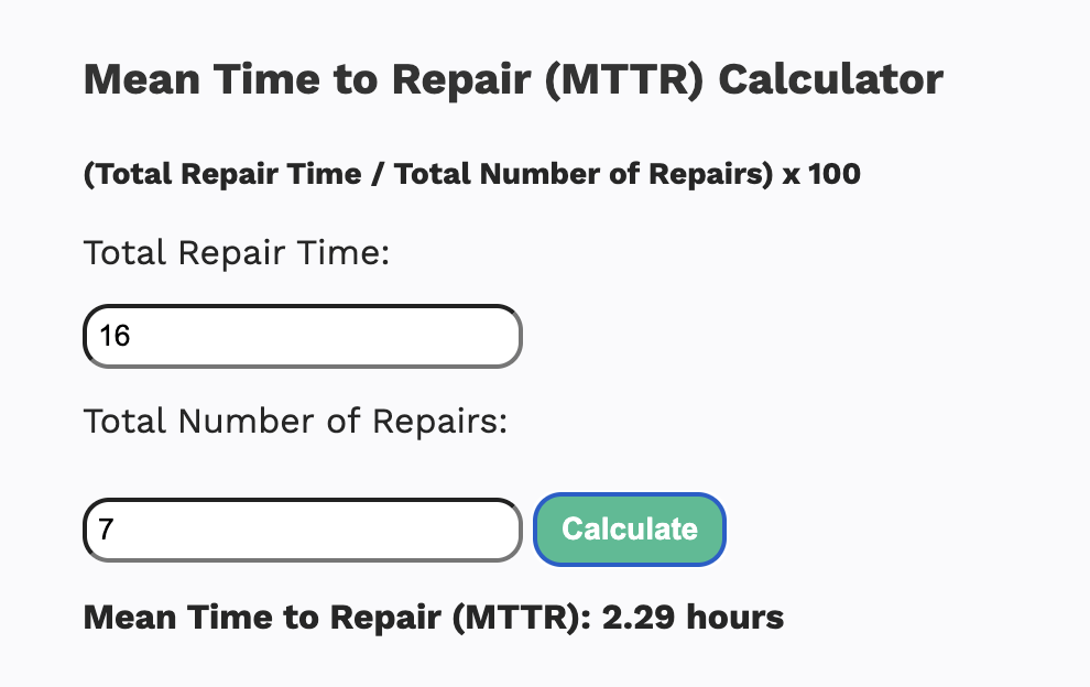 worktrek mttr calculator screenshot