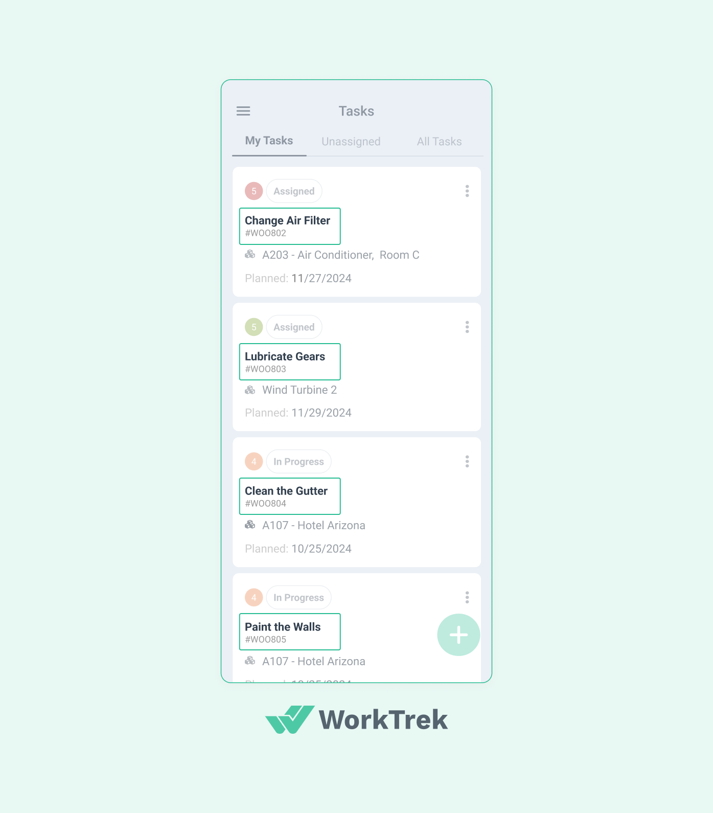 WorkTrek tasks screen