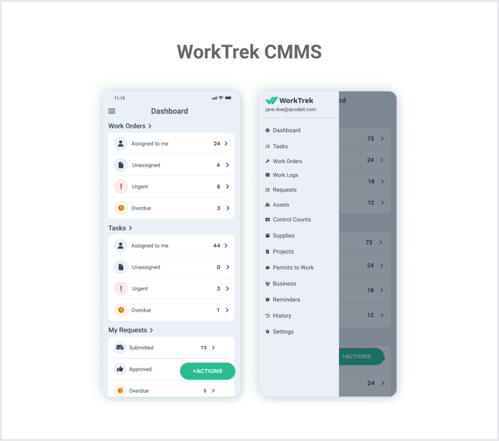 Dashboard and drawer menu in WorkTrek mobile app