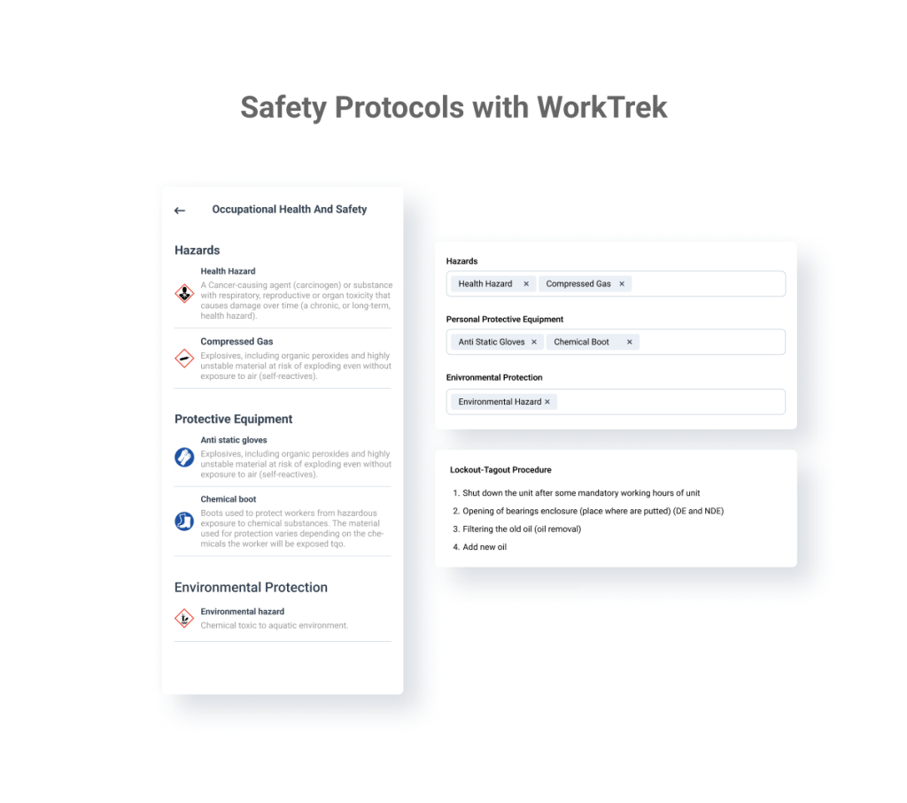 Health and Safety screens in WorkTrek mobile and web app