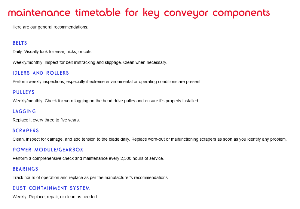 maintenance timetable example for conveyors components