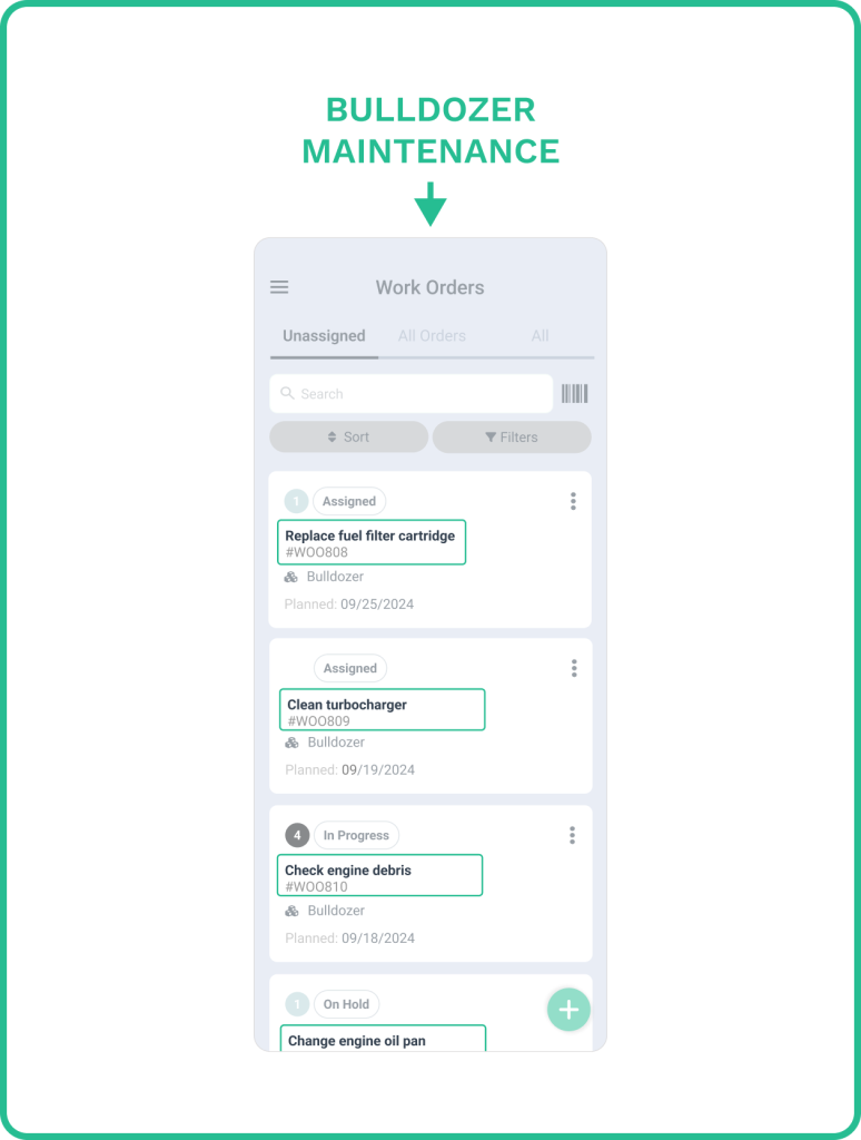 Bulldozer maintenance tasks in WorkTrek mobile app