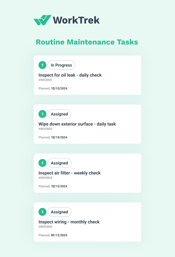 Maintenance task cards in WorkTrek mobile app