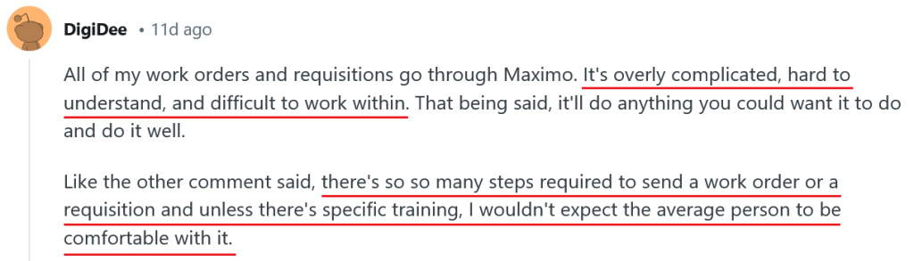 Customer review about Maximo on Reddit 
