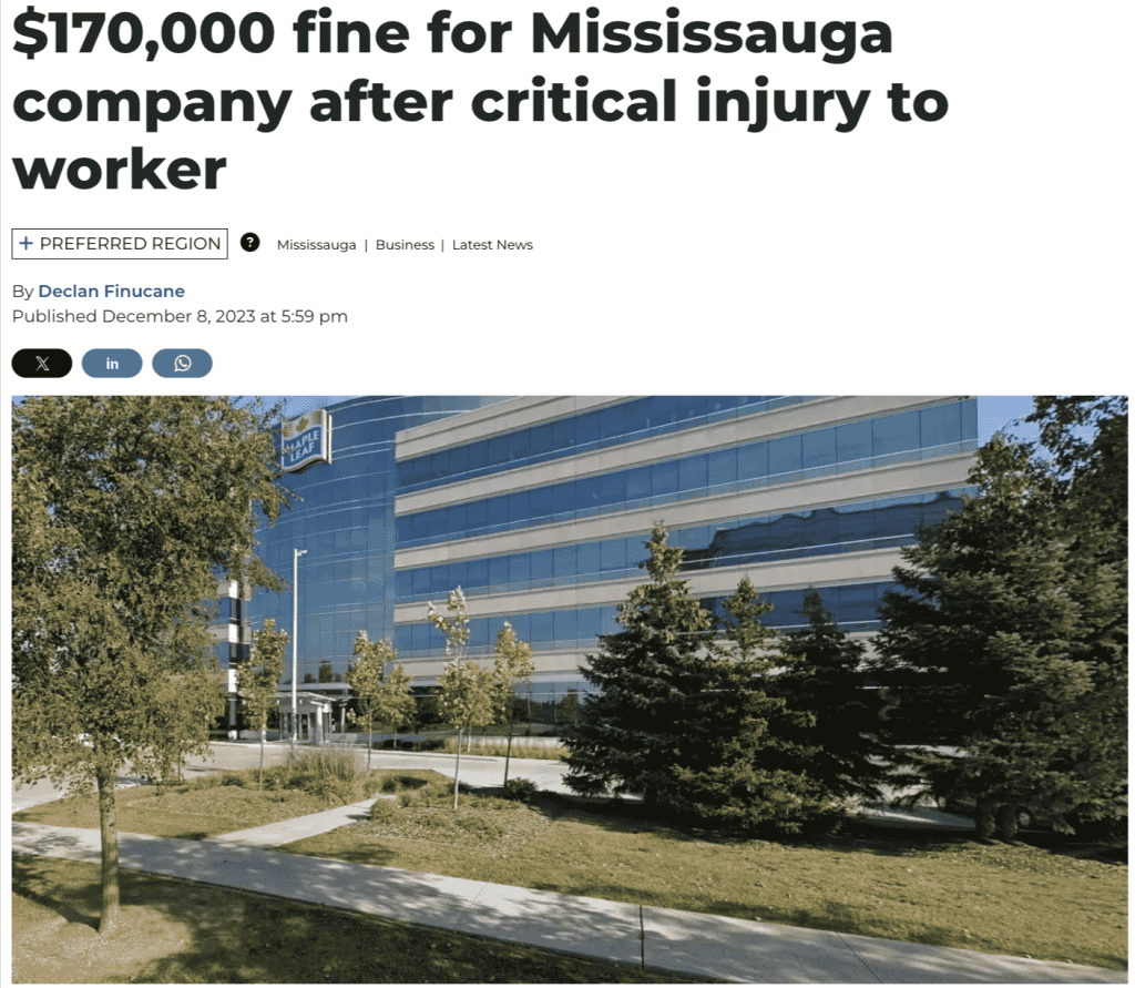 News article headline "$170,000 fine for Mississauga company after critical injury to worker"