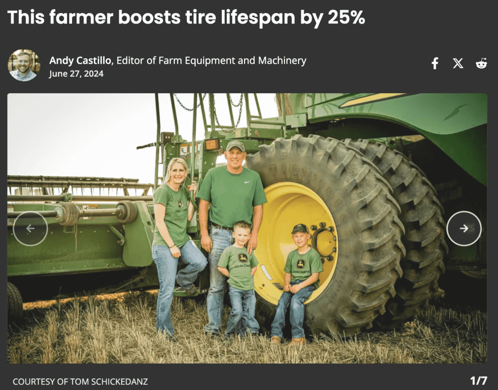 News article headline "This farmer boosts tire lifespan by 25%"
