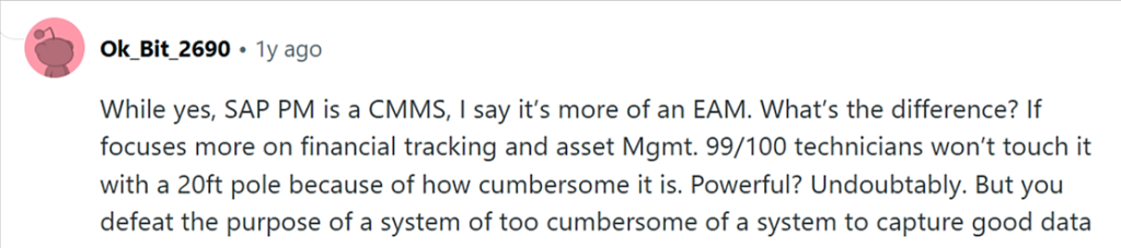 Reddit user comment about SAP Plant Maintenance
