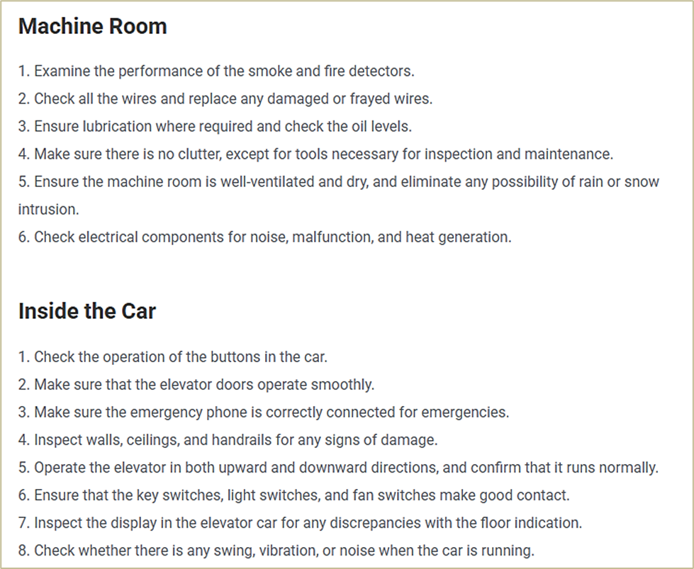 Elevator maintenance checklist example