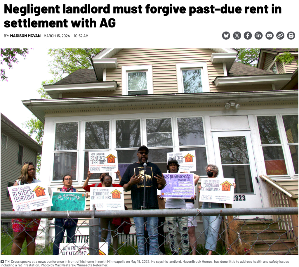 News article headline "Negligent landlord must forgive past-due rent in settlement with AG"