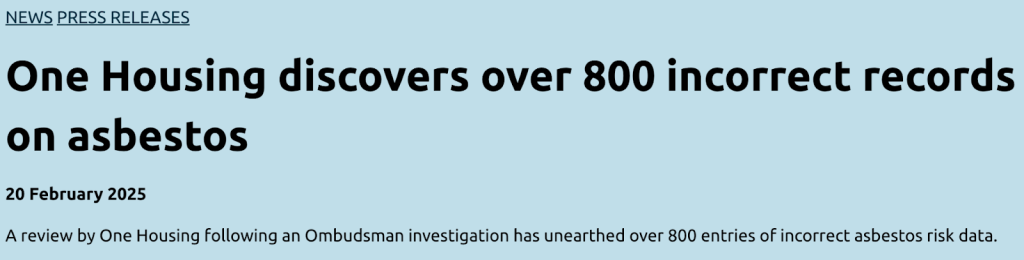 Screenshot of a news press release headline stating "One Housing discovers over 800 incorrect records on asbestos"