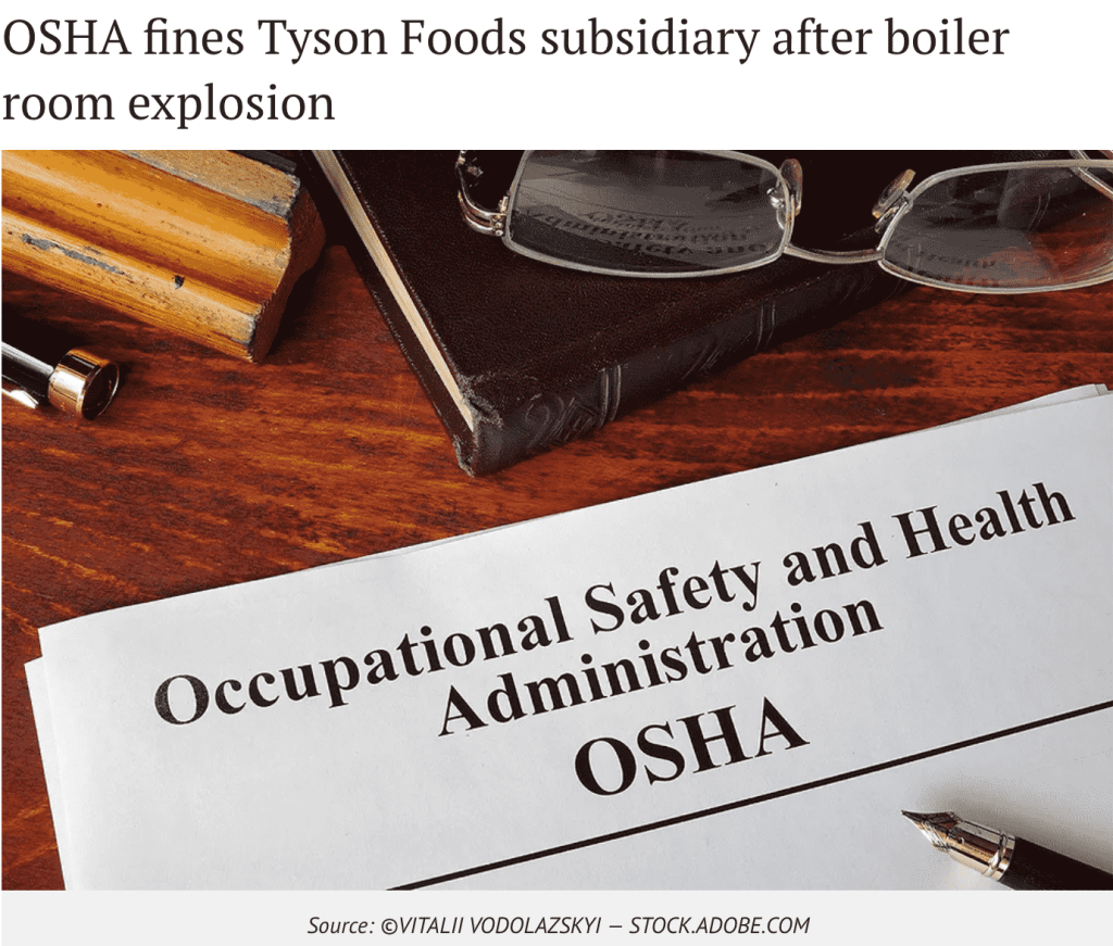News article headline "OSHA fines Tyson Foods subsidiary after boiler room explosion" 