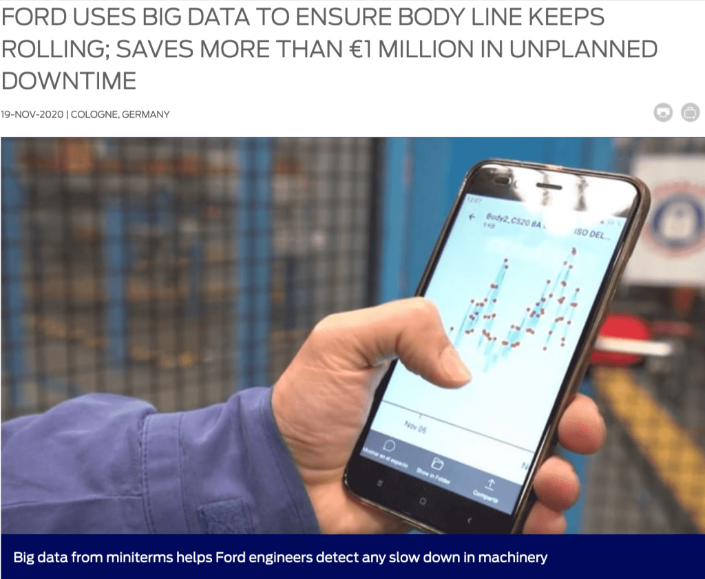 News article headline "Ford Uses Big Data to Ensure Body Line Keeps Rolling; Saves More Than €1 Million in Unplanned Downtime"