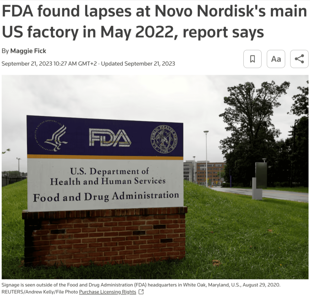 News article headline "FDA found lapses at Novo Nordisk's main US factory in May 2022, report says"