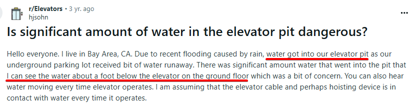 Reddit comment about unforeseen elevator pit flooding