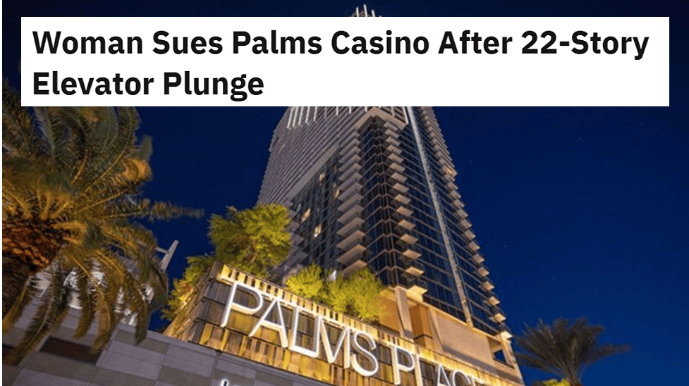 News article headline "Woman Sues Palms Casino After 22-Story Elevator Plunge"