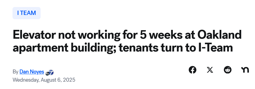 News article headline "Elevator not working for 5 weeks at Oakland apartment building; tenants turn to I-Team"