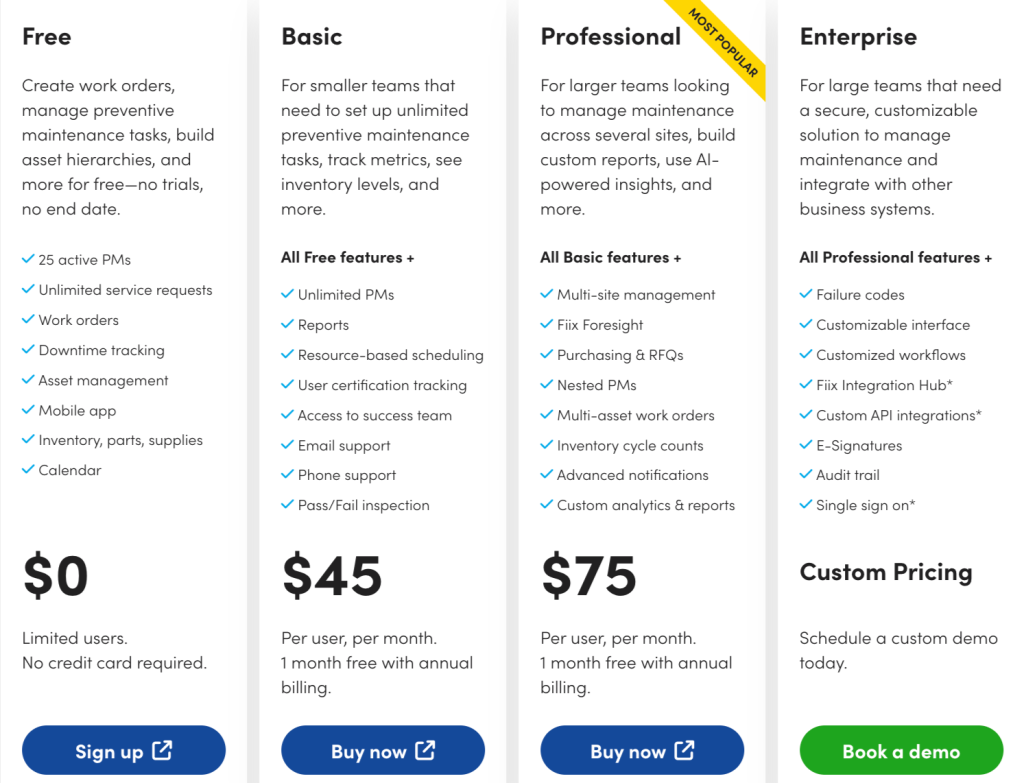 fiix plans and pricing screenshot