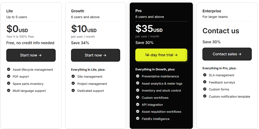 fieldex plans and pricing screenshot
