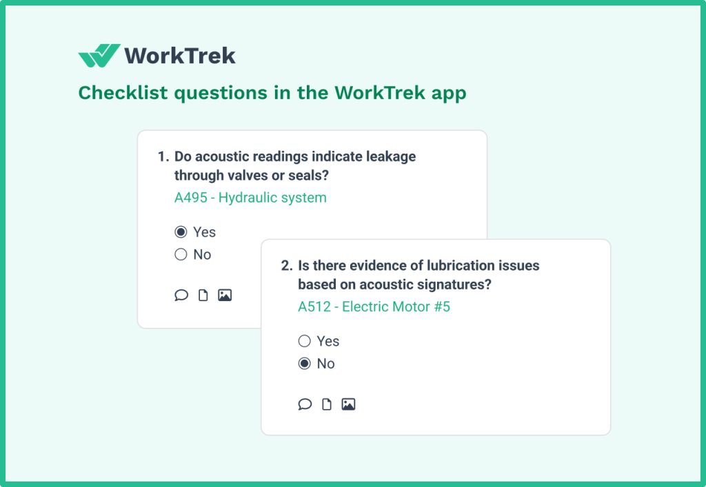 Checklist questions in the WorkTrek app related to the accoustic analysis