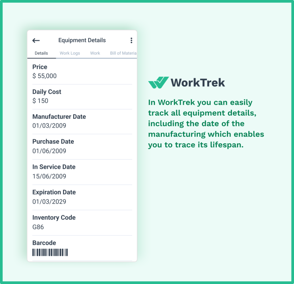 Equipment details screen of the WorkTrek mobile app