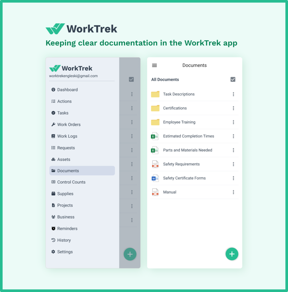 Documentation in the WorkTrek mobile app