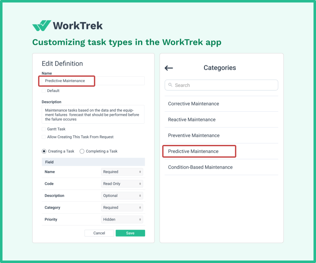 Task types customization in the WorkTrek web app